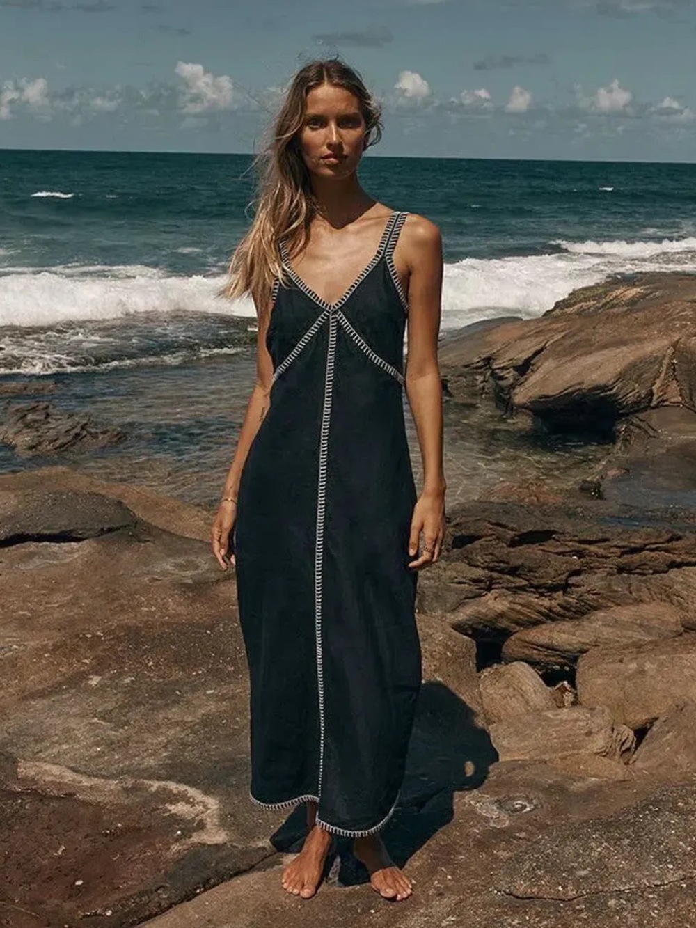 DISSH Bella Linen Maxi Dress Black Stich Contrast V Neck
